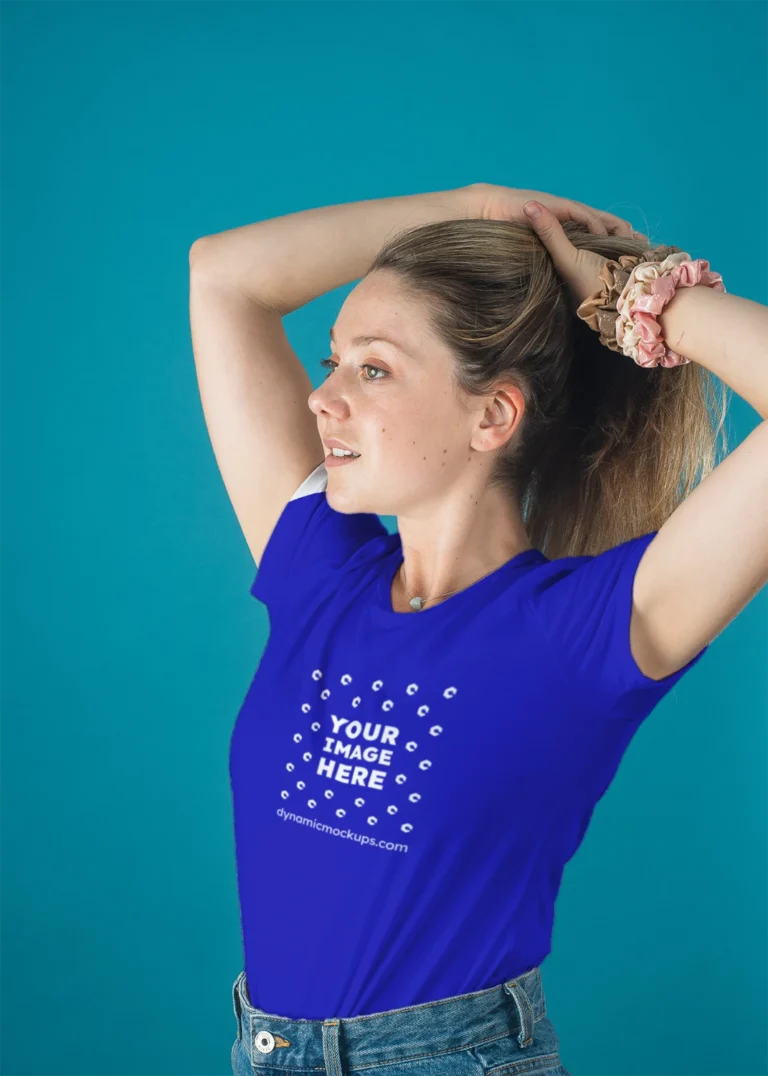 Woman Wearing Blue T-shirt Mockup Front View Template