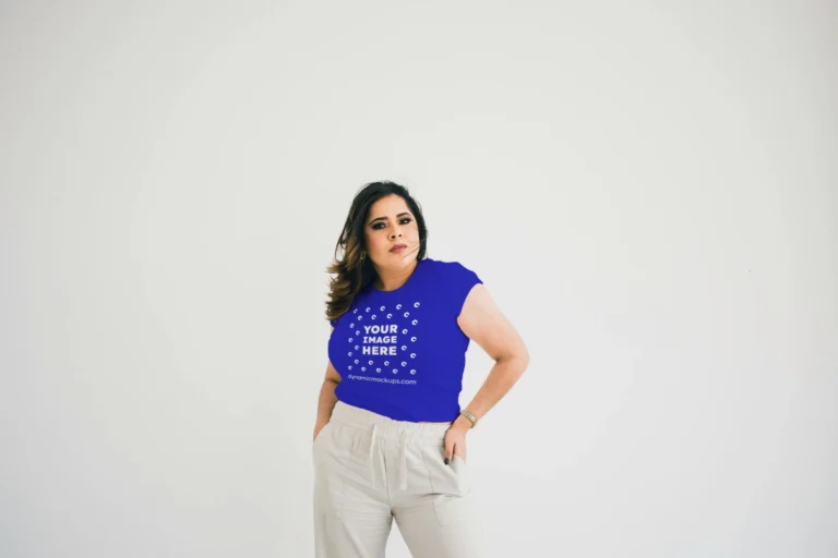 Woman Wearing Blue T-shirt Mockup Front View Template