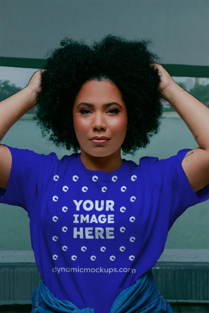 Woman Wearing Blue T-shirt Mockup Front View Template