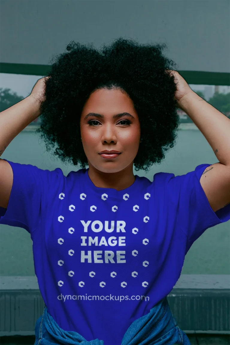 Woman Wearing Blue T-shirt Mockup Front View Template