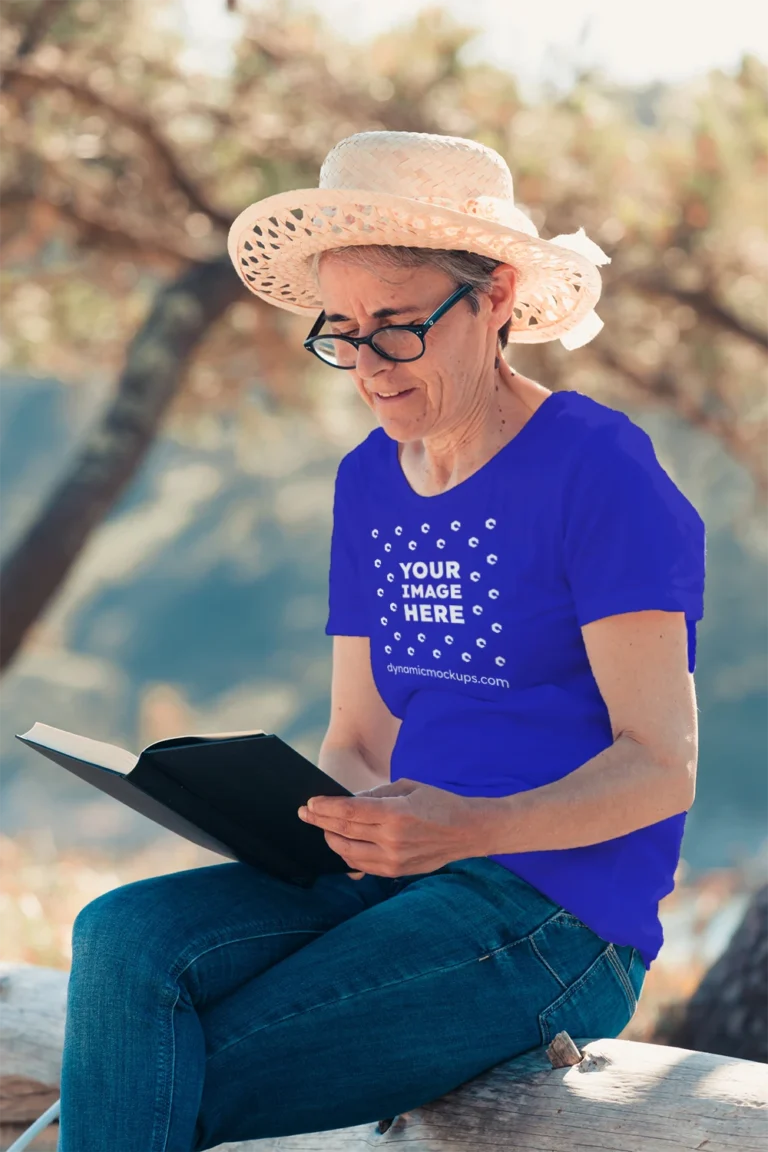 Woman Wearing Blue T-shirt Mockup Front View Template