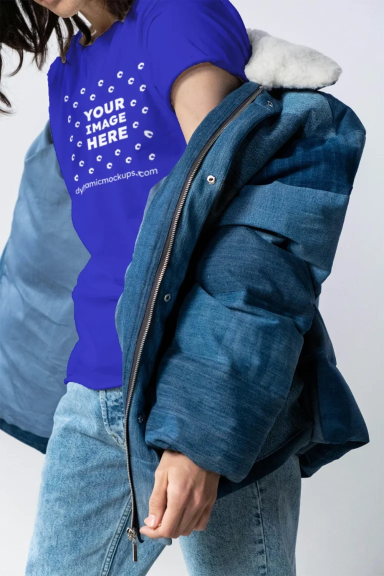 Woman Wearing Blue T-shirt Mockup Front View Template