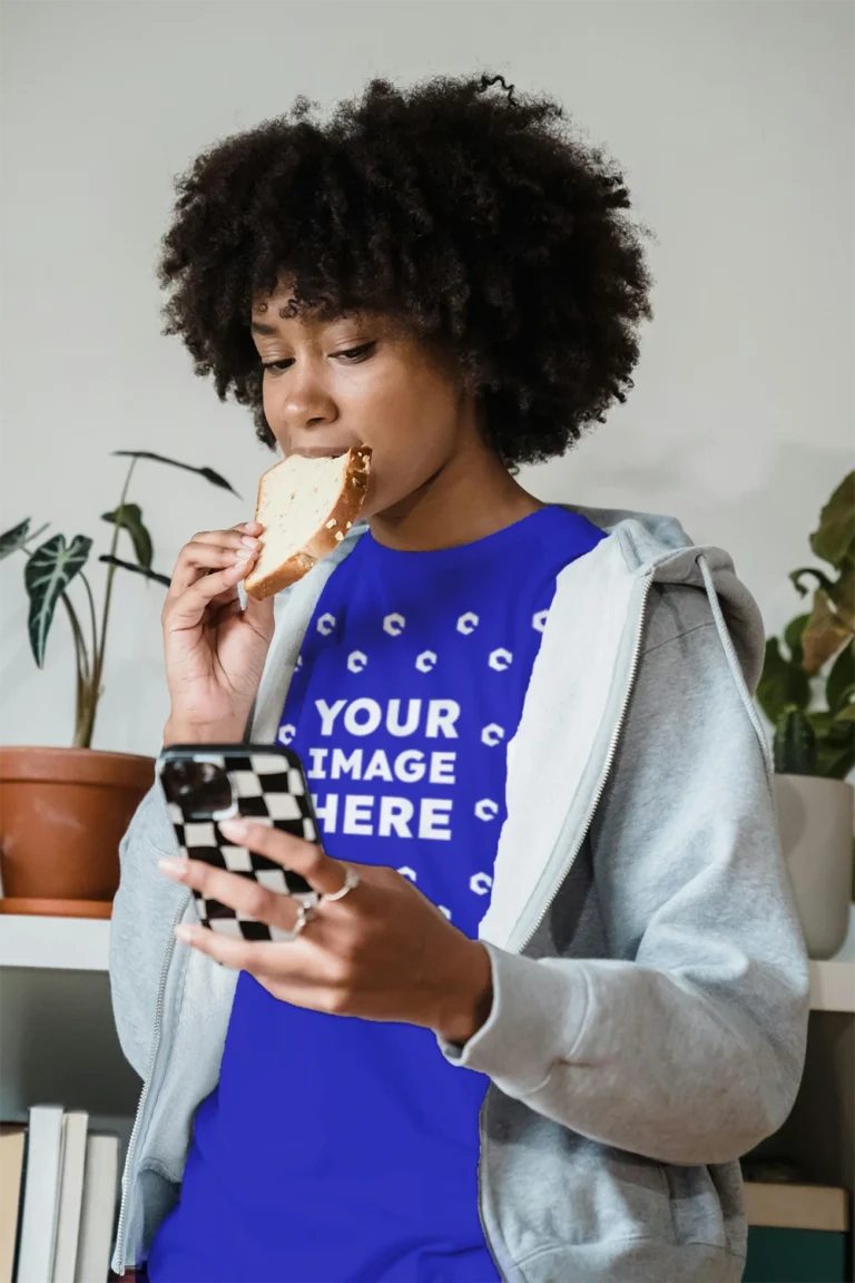 Woman Wearing Blue T-shirt Mockup Front View Template