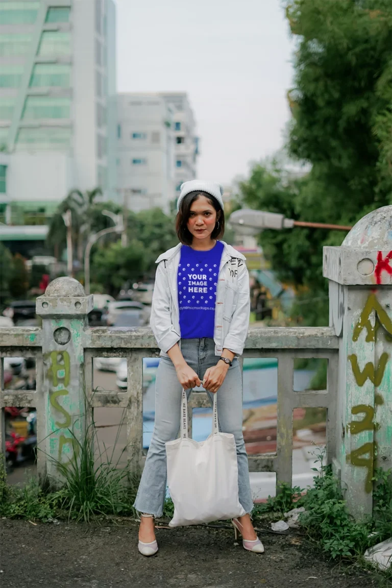 Woman Wearing Blue T-shirt Mockup Front View Template