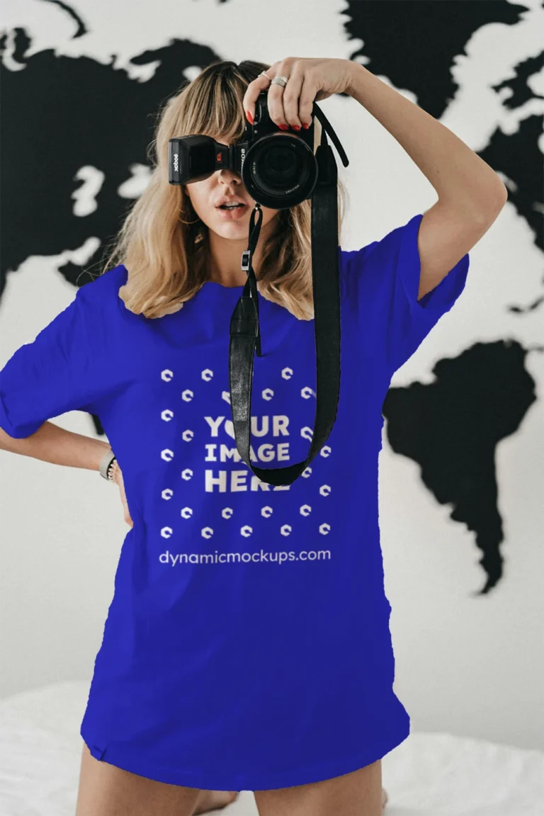 Woman Wearing Blue T-shirt Mockup Front View Template