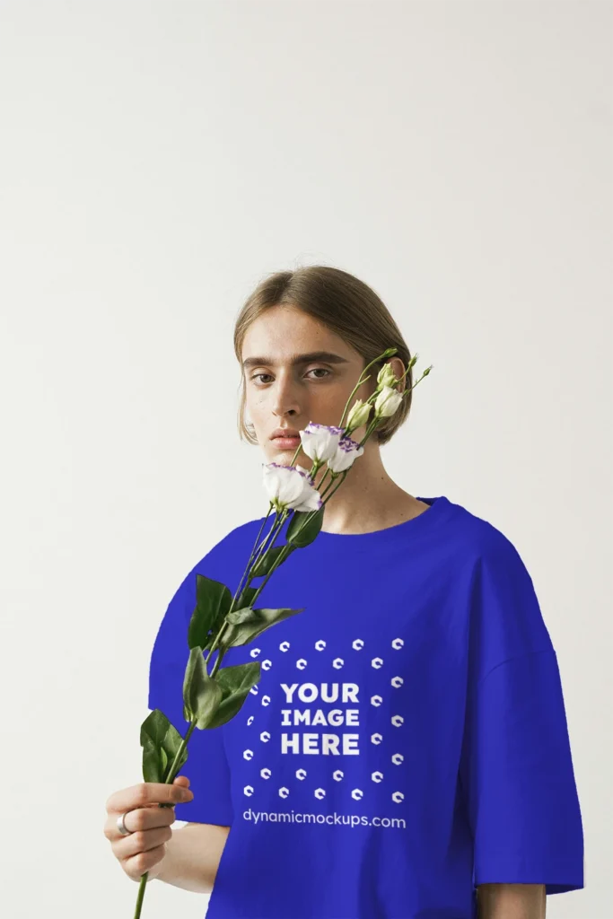 Woman Wearing Blue T-shirt Mockup Front View Template