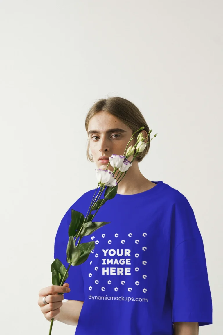 Woman Wearing Blue T-shirt Mockup Front View Template