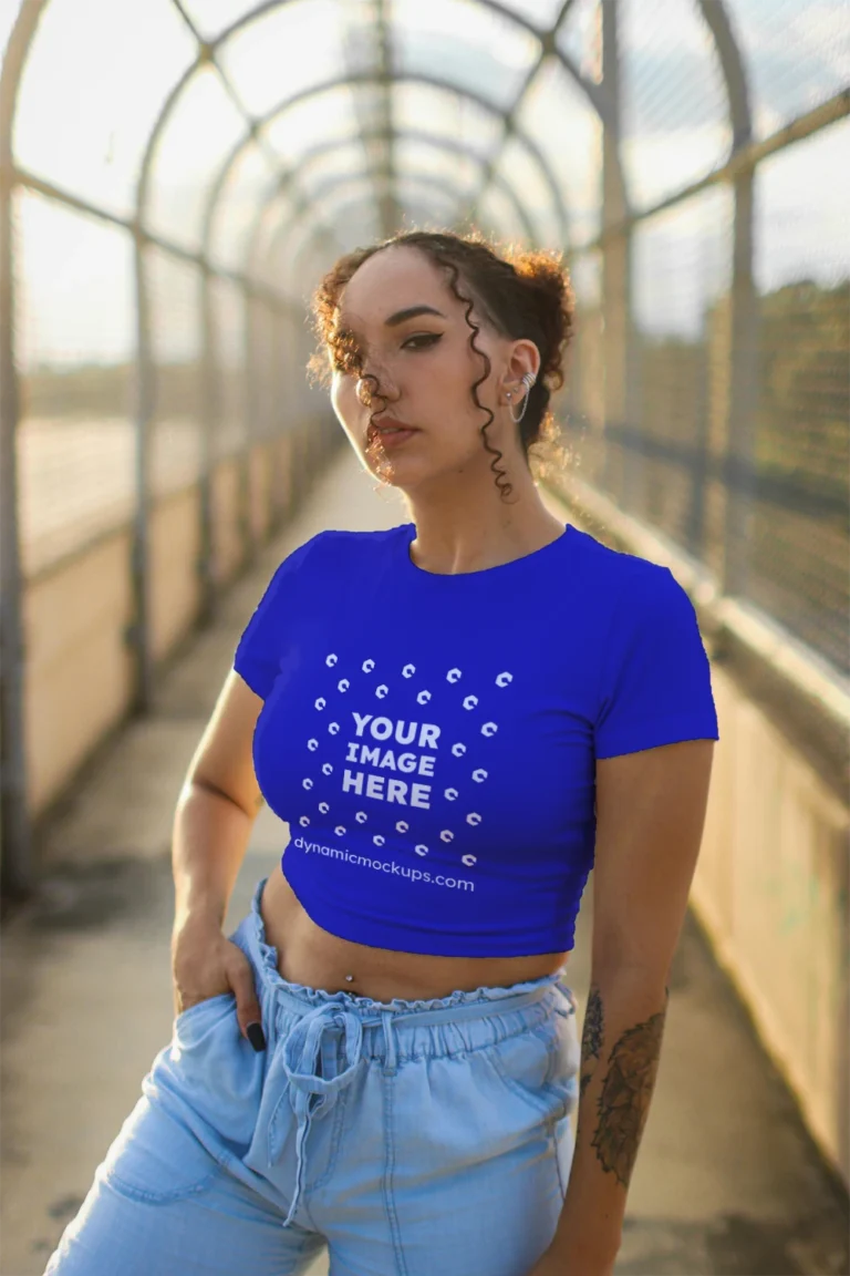 Woman Wearing Blue T-shirt Mockup Front View Template