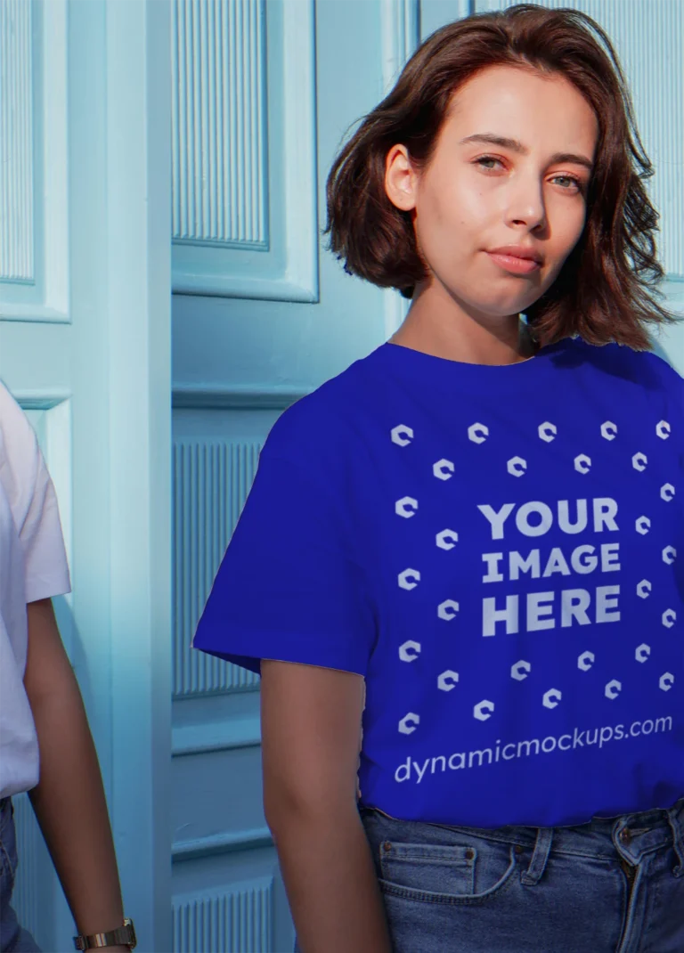 Woman Wearing Blue T-shirt Mockup Front View Template