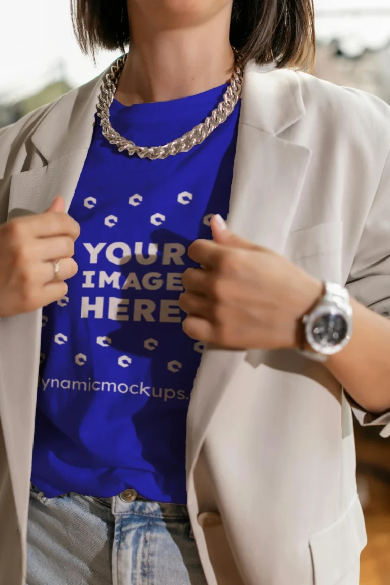 Woman Wearing Blue T-shirt Mockup Front View Template