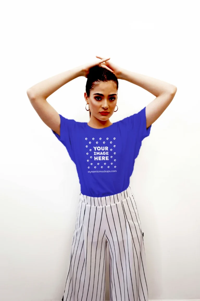 Woman Wearing Blue T-shirt Mockup Front View Template