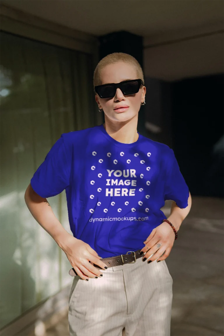 Woman Wearing Blue T-shirt Mockup Front View Template