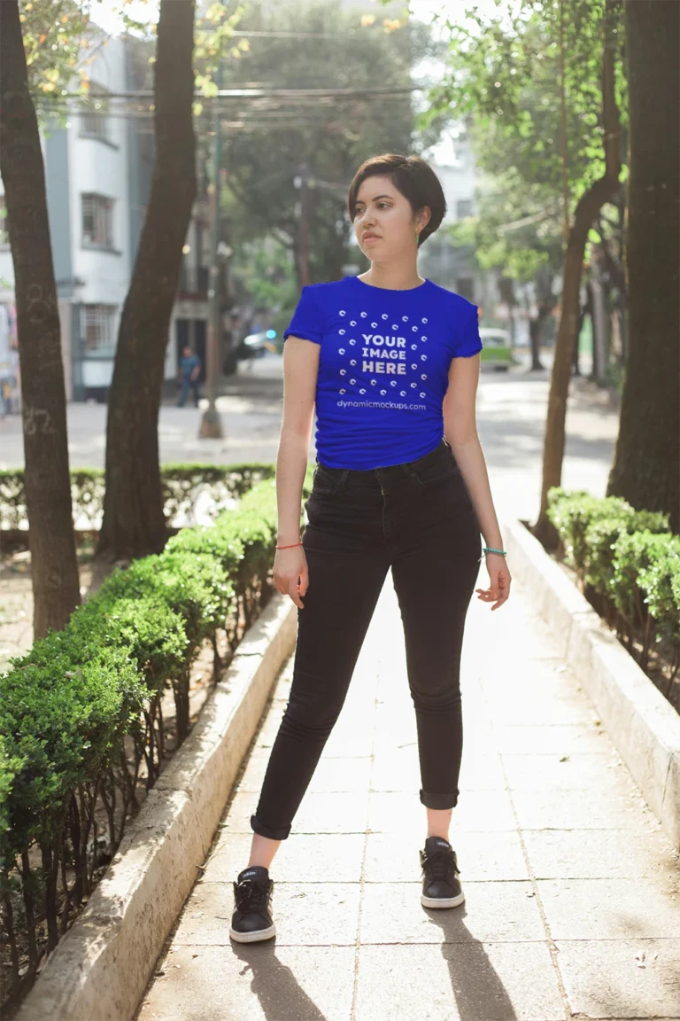 Woman Wearing Blue T-shirt Mockup Front View Template