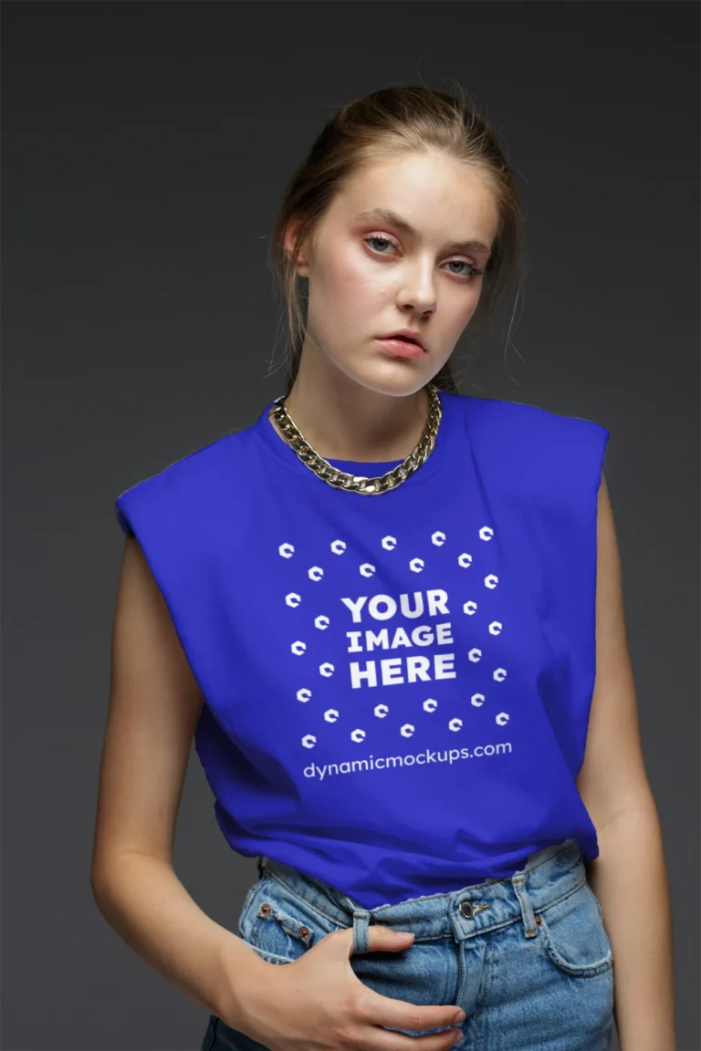Woman Wearing Blue T-shirt Mockup Front View Template