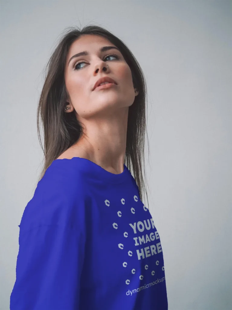 Woman Wearing Blue T-shirt Mockup Front View Template