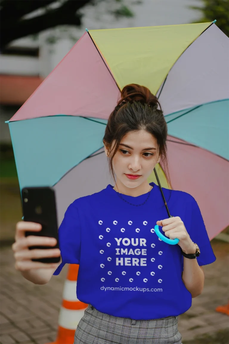 Woman Wearing Blue T-shirt Mockup Front View Template
