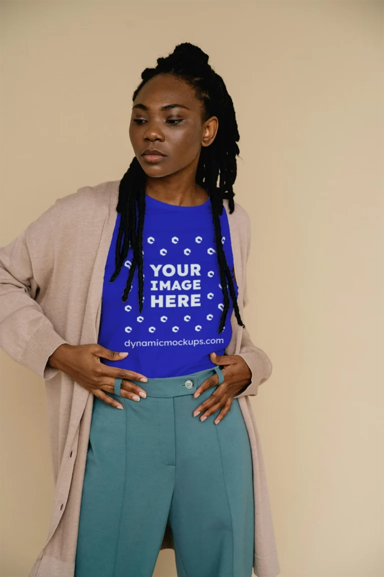 Woman Wearing Blue T-shirt Mockup Front View Template