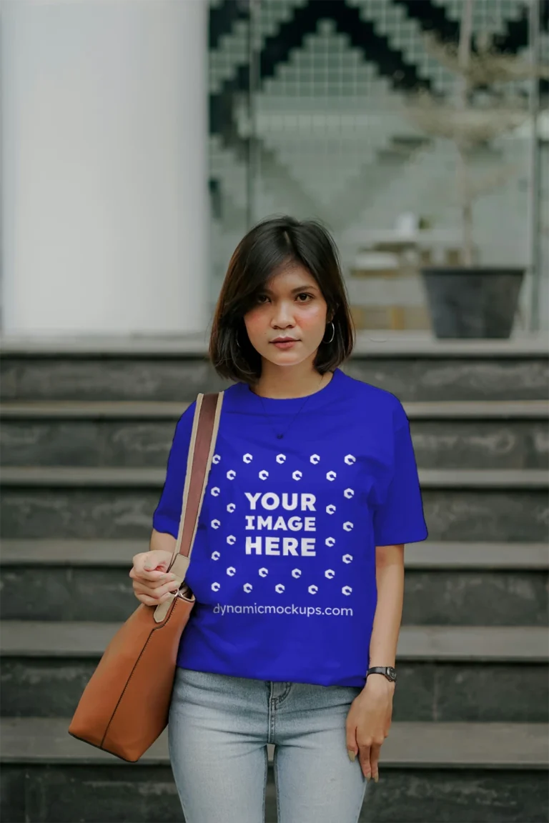 Woman Wearing Blue T-shirt Mockup Front View Template