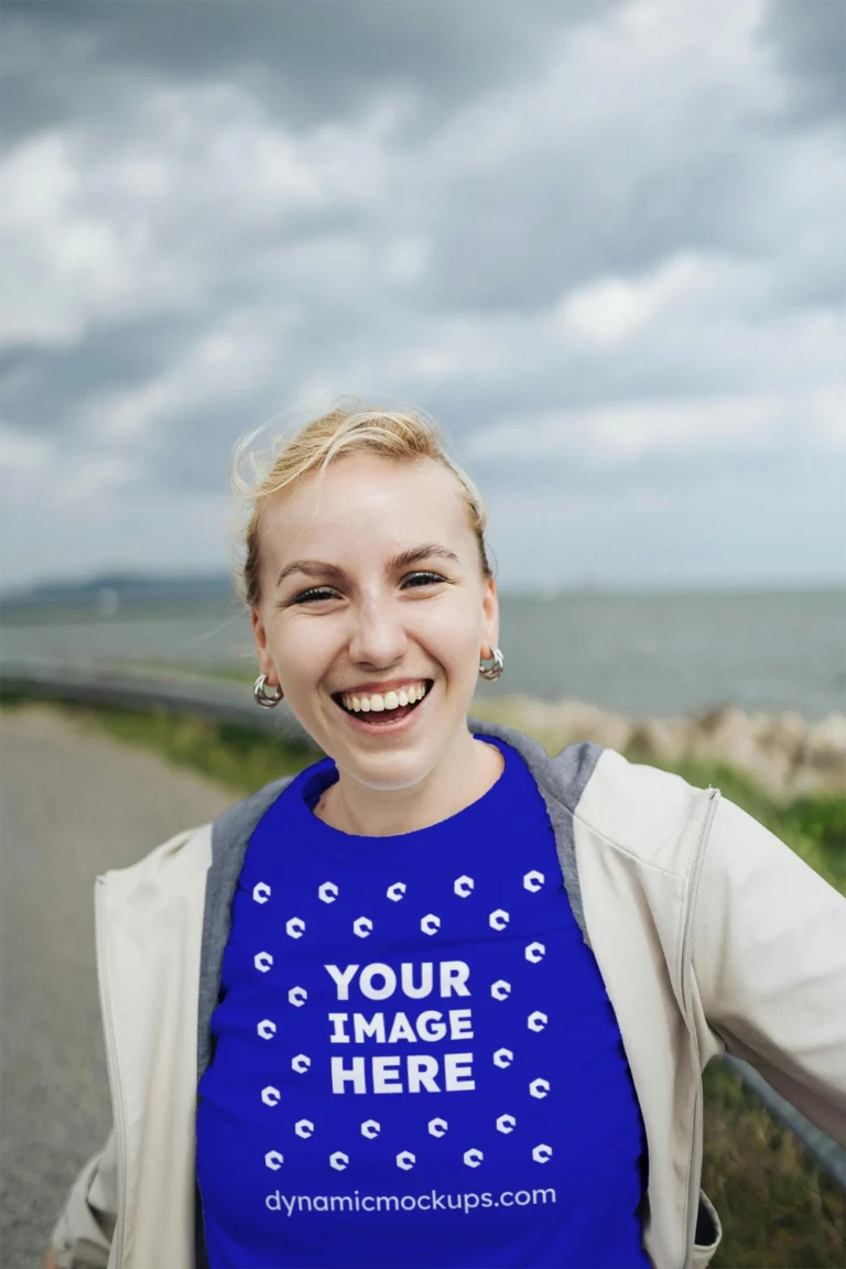 Woman Wearing Blue T-shirt Mockup Front View Template