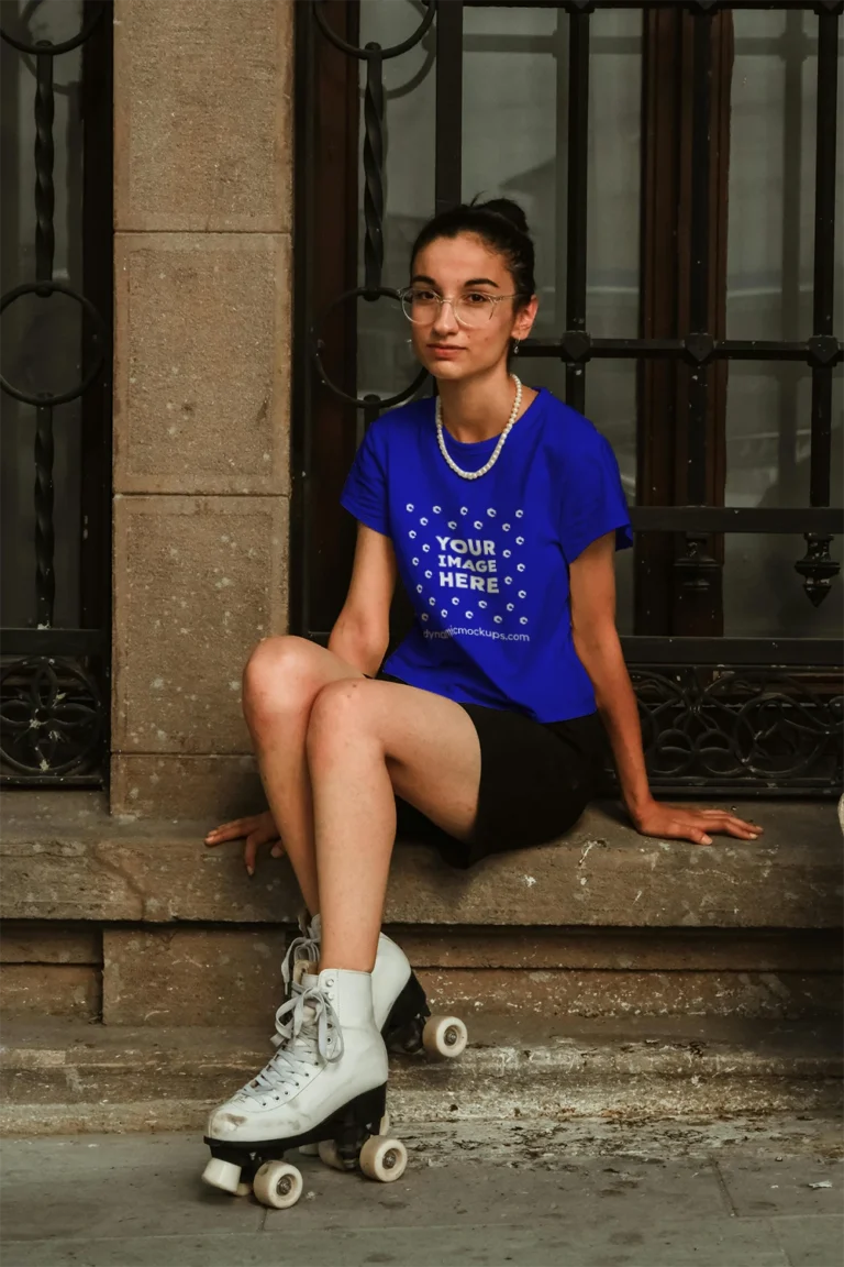 Woman Wearing Blue T-shirt Mockup Front View Template