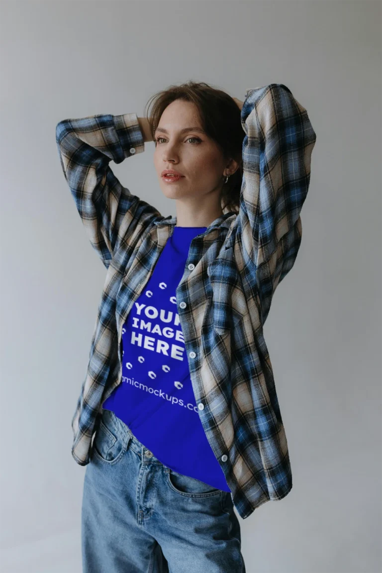 Woman Wearing Blue T-shirt Mockup Front View Template
