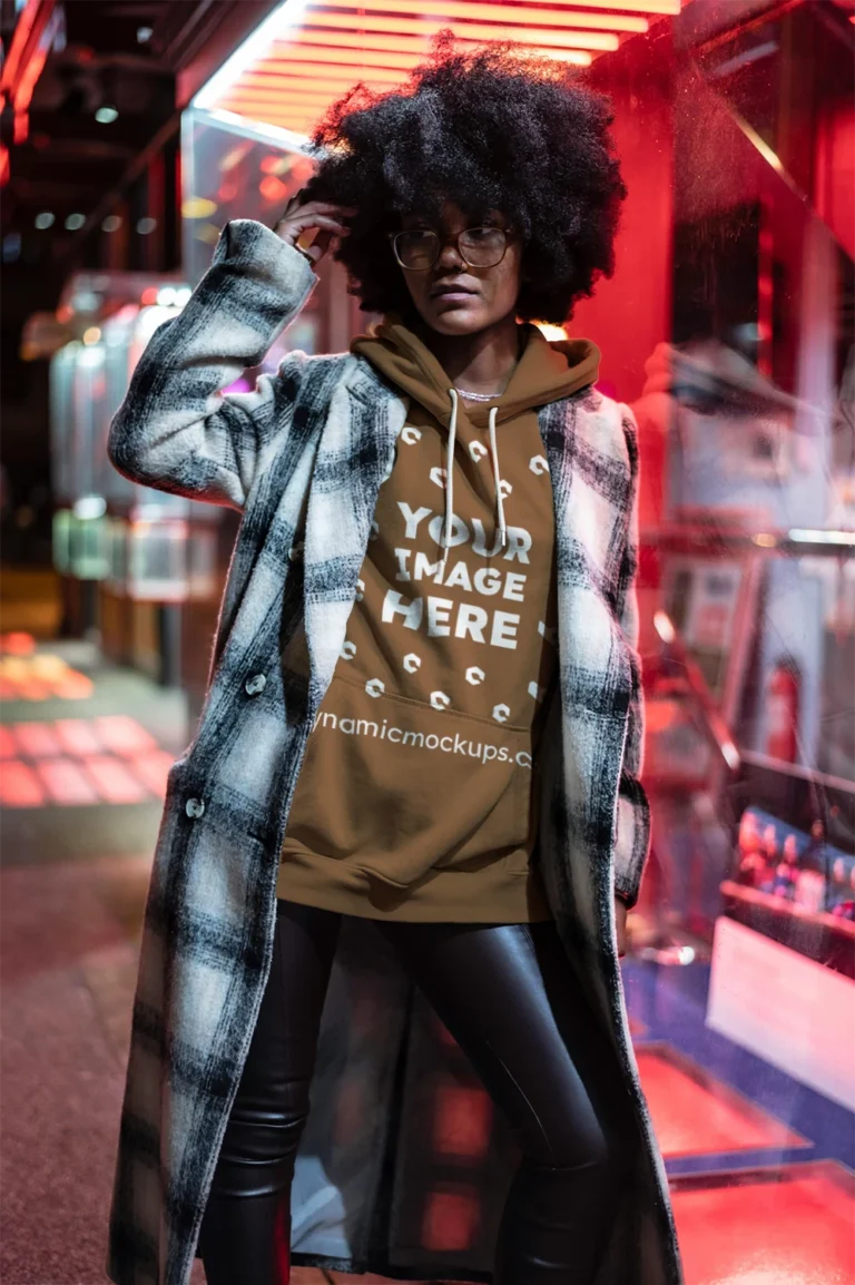 Woman Wearing Brown Hoodie Mockup Front View Template