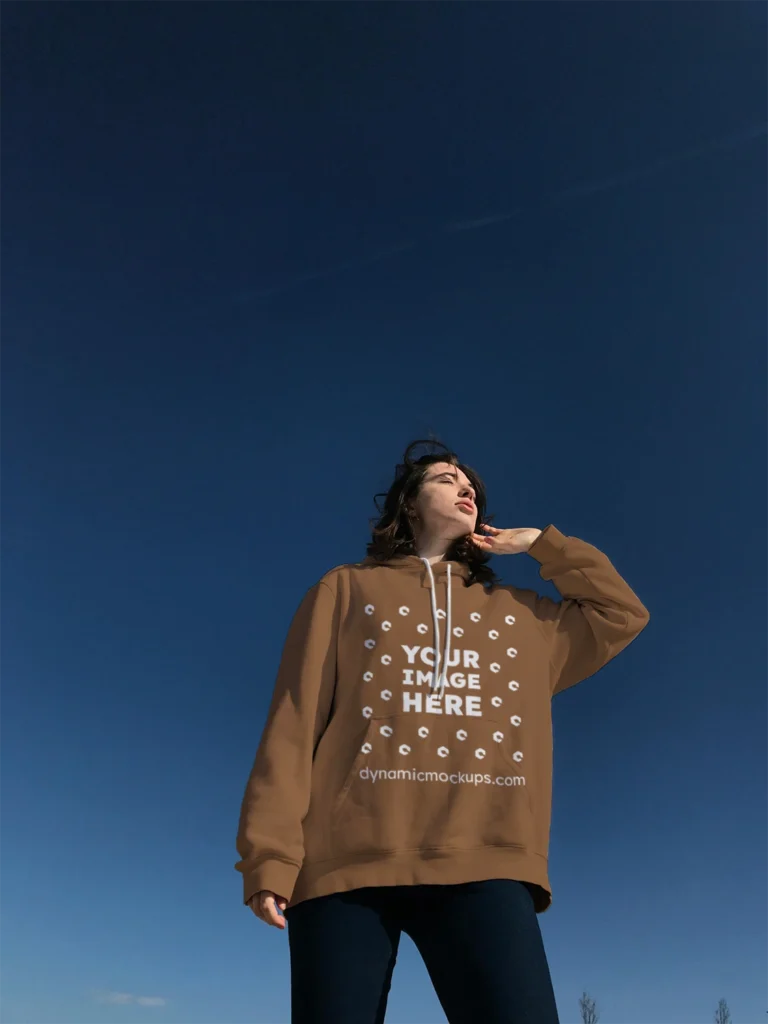 Woman Wearing Brown Hoodie Mockup Front View Template