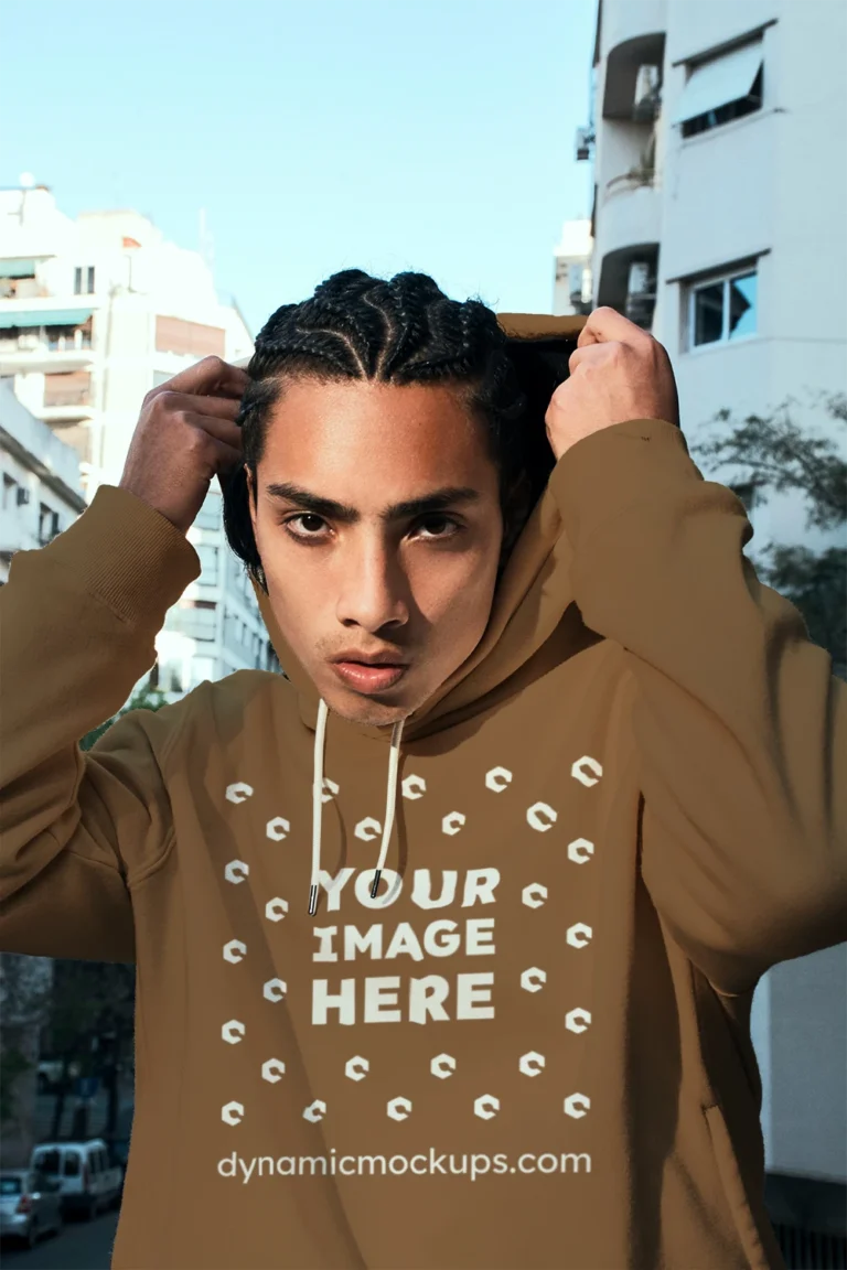 Woman Wearing Brown Hoodie Mockup Front View Template