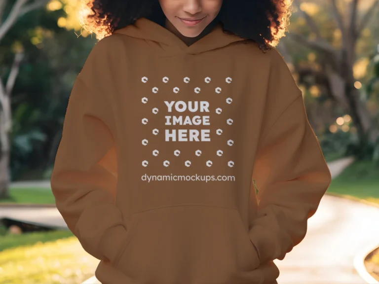 Woman Wearing Brown Hoodie Mockup Front View Template