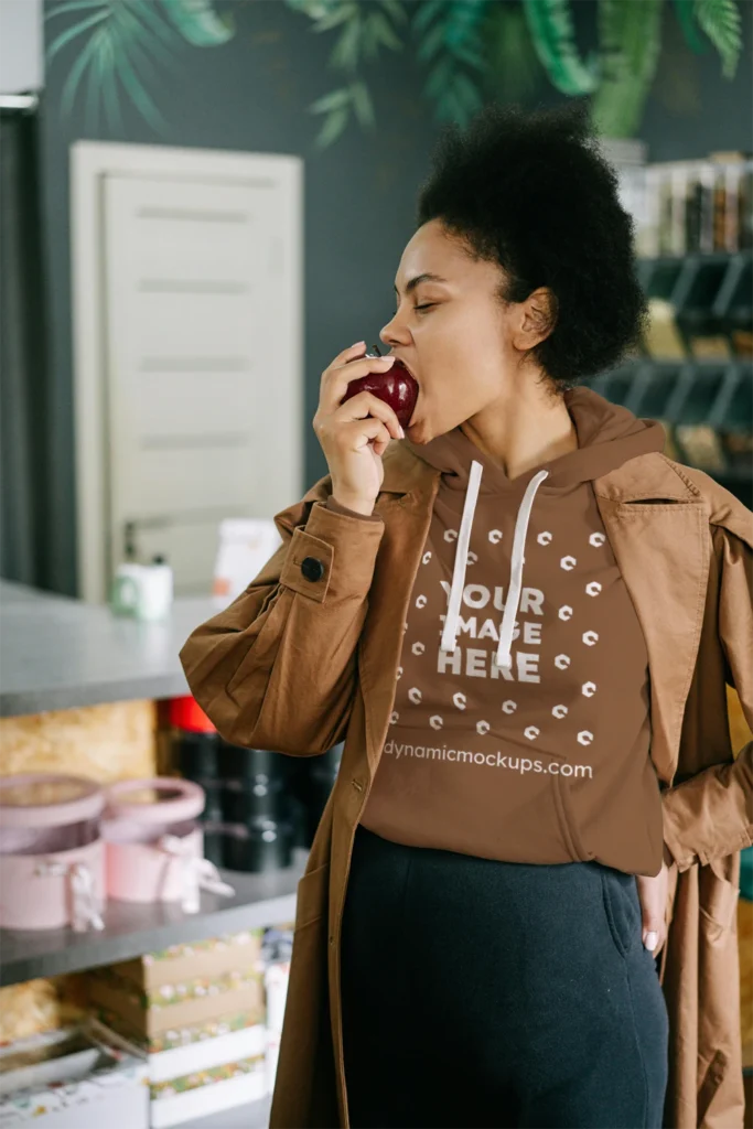 Woman Wearing Brown Hoodie Mockup Front View Template