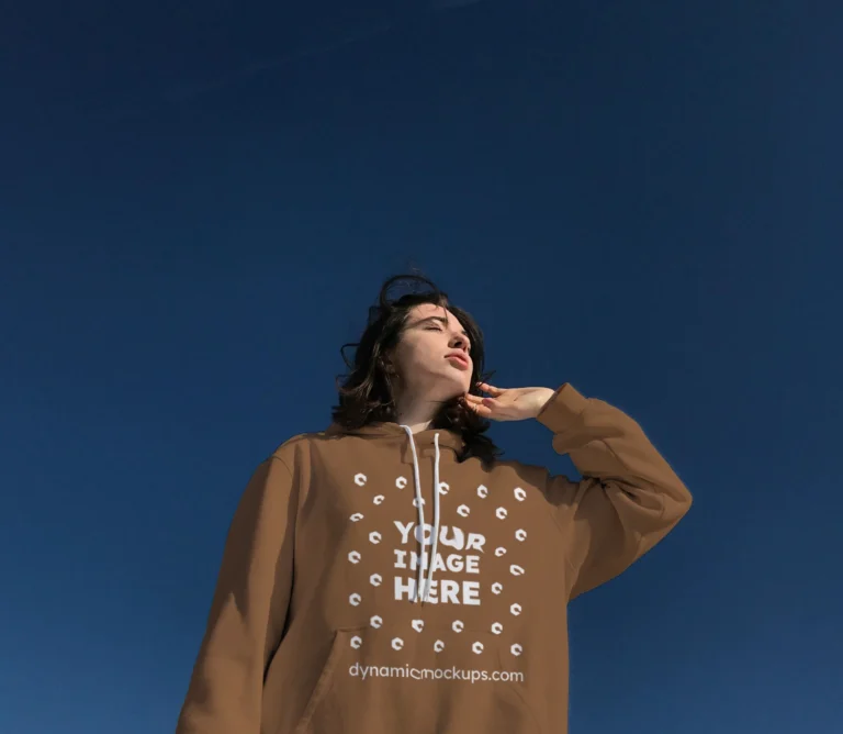 Woman Wearing Brown Hoodie Mockup Front View Template