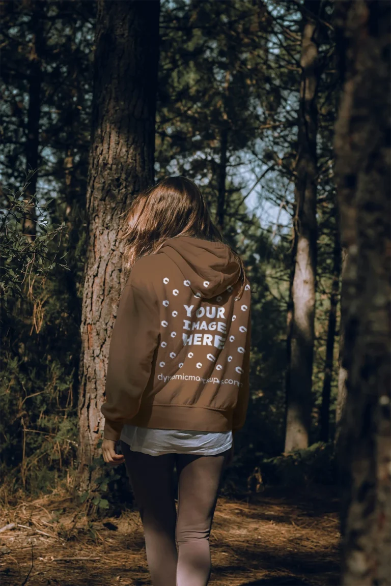 Woman Wearing Brown Hoodie Mockup Back View Template