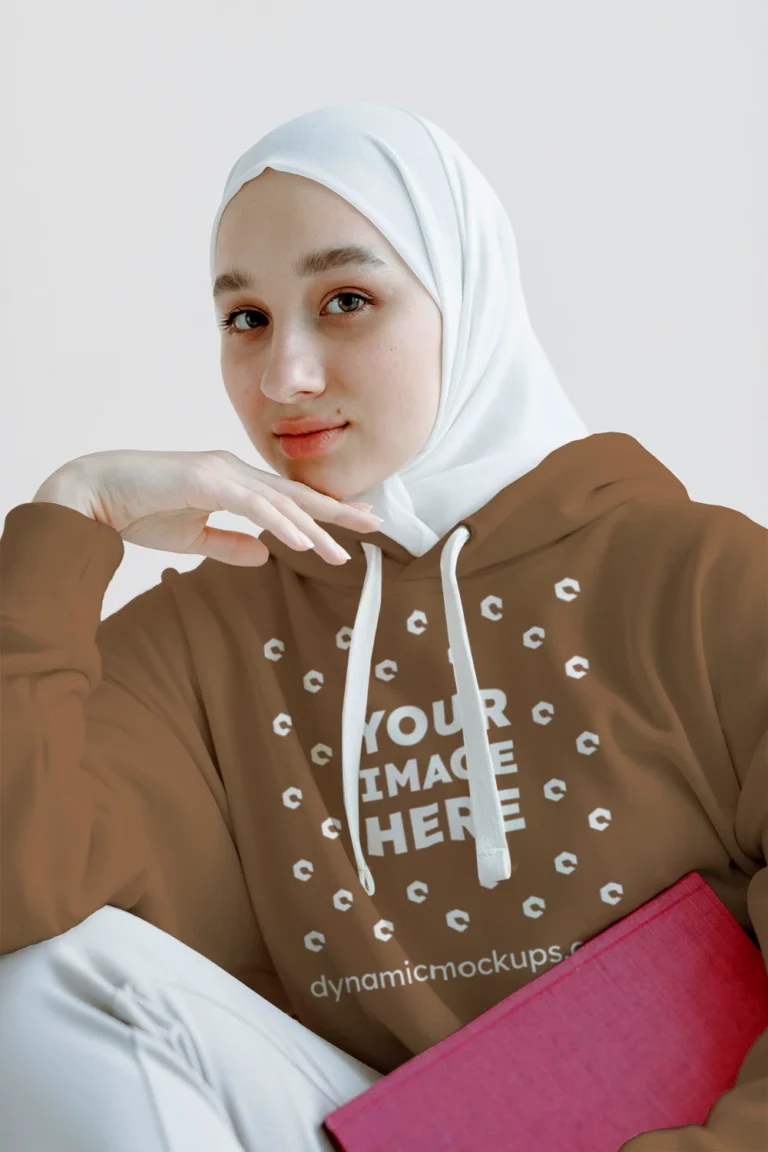 Woman Wearing Brown Hoodie Mockup Front View Template