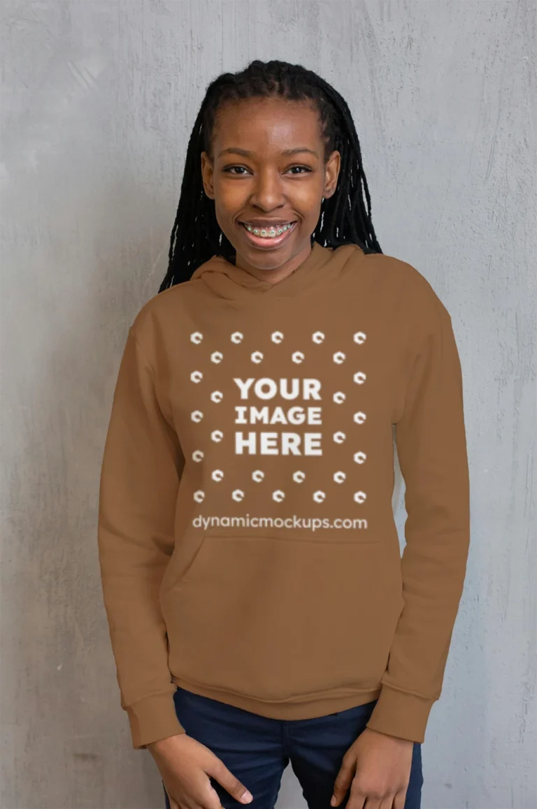 Woman Wearing Brown Hoodie Mockup Front View Template