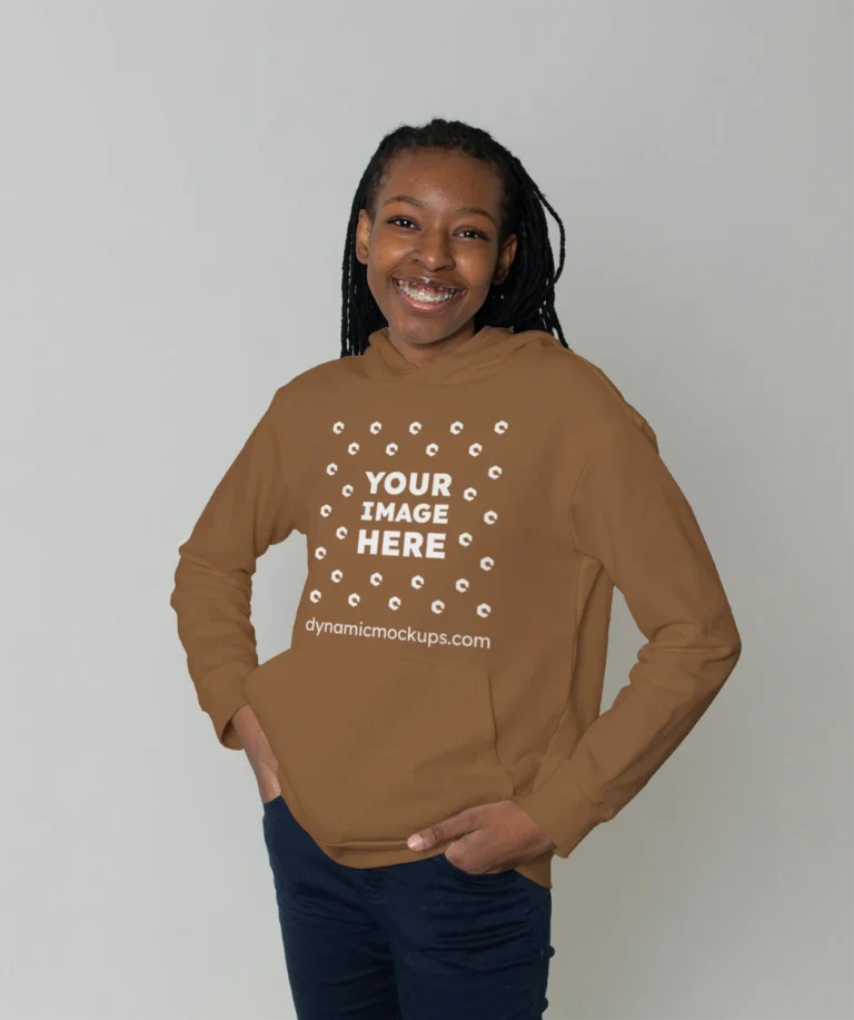 Woman Wearing Brown Hoodie Mockup Front View Template