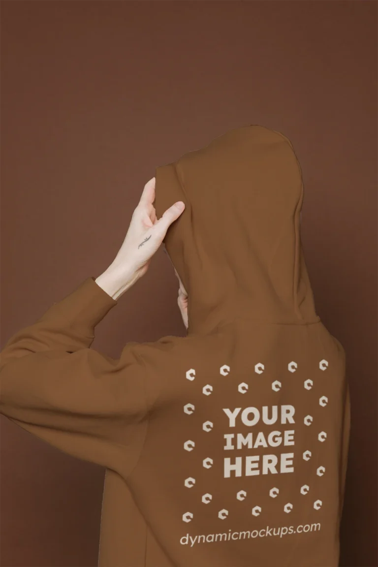 Woman Wearing Brown Hoodie Mockup Back View Template