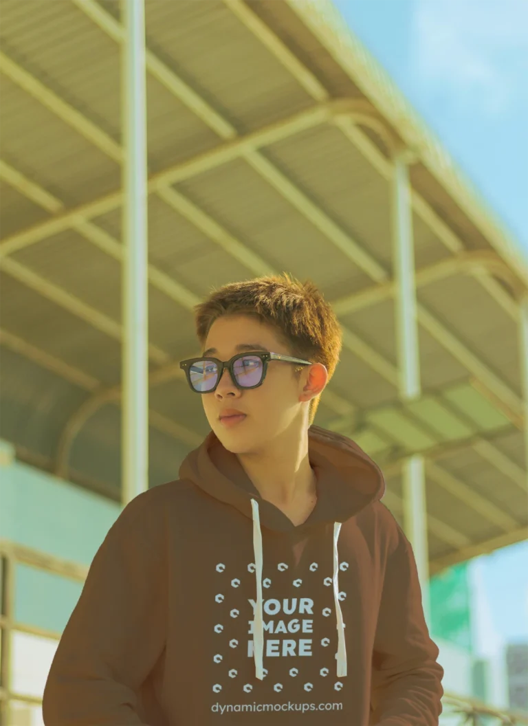 Woman Wearing Brown Hoodie Mockup Front View Template