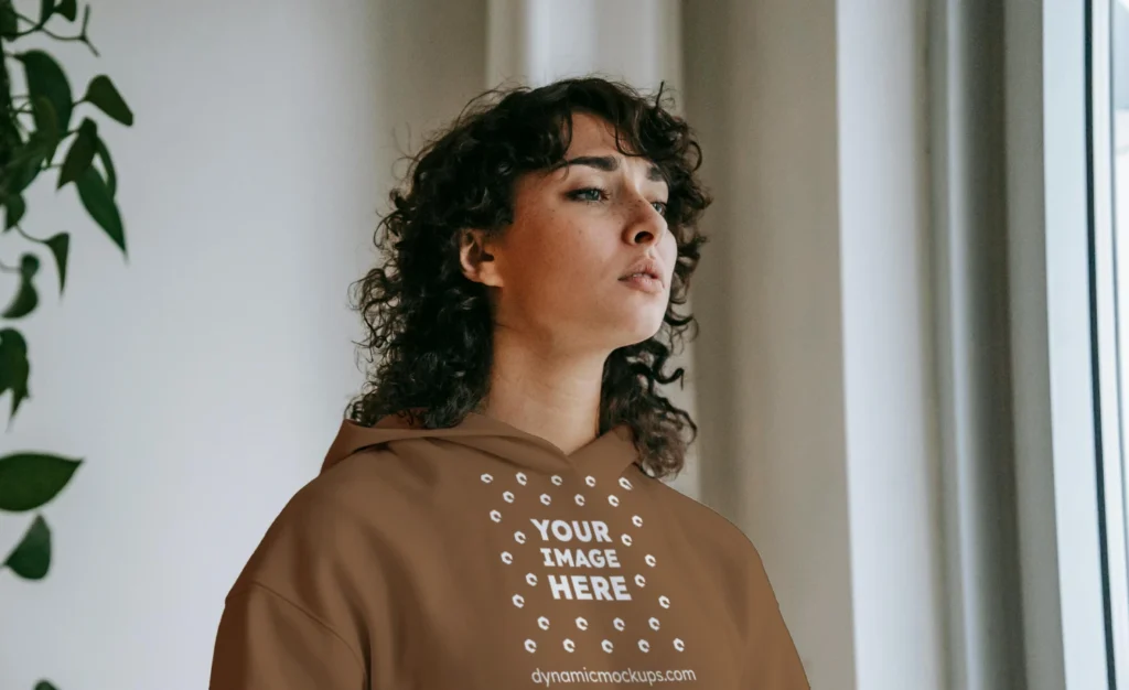 Woman Wearing Brown Hoodie Mockup Front View Template