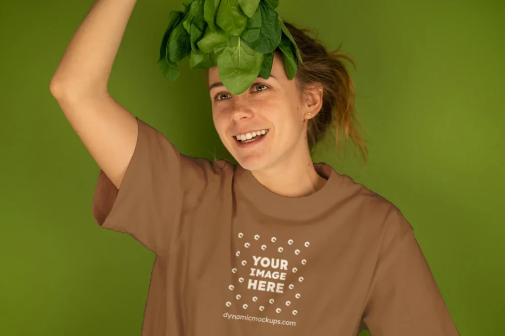 Woman Wearing Brown T-shirt Mockup Front View Template