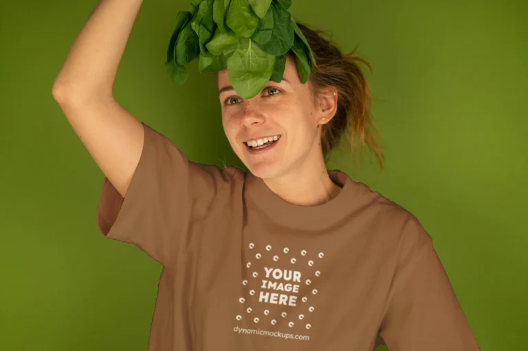 Woman Wearing Brown T-shirt Mockup Front View Template
