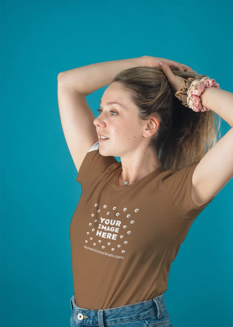 Woman Wearing Brown T-shirt Mockup Front View Template