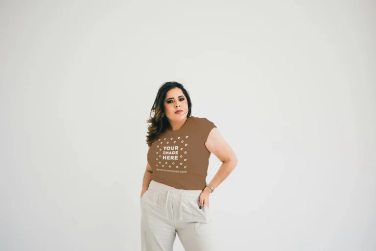 Woman Wearing Brown T-shirt Mockup Front View Template