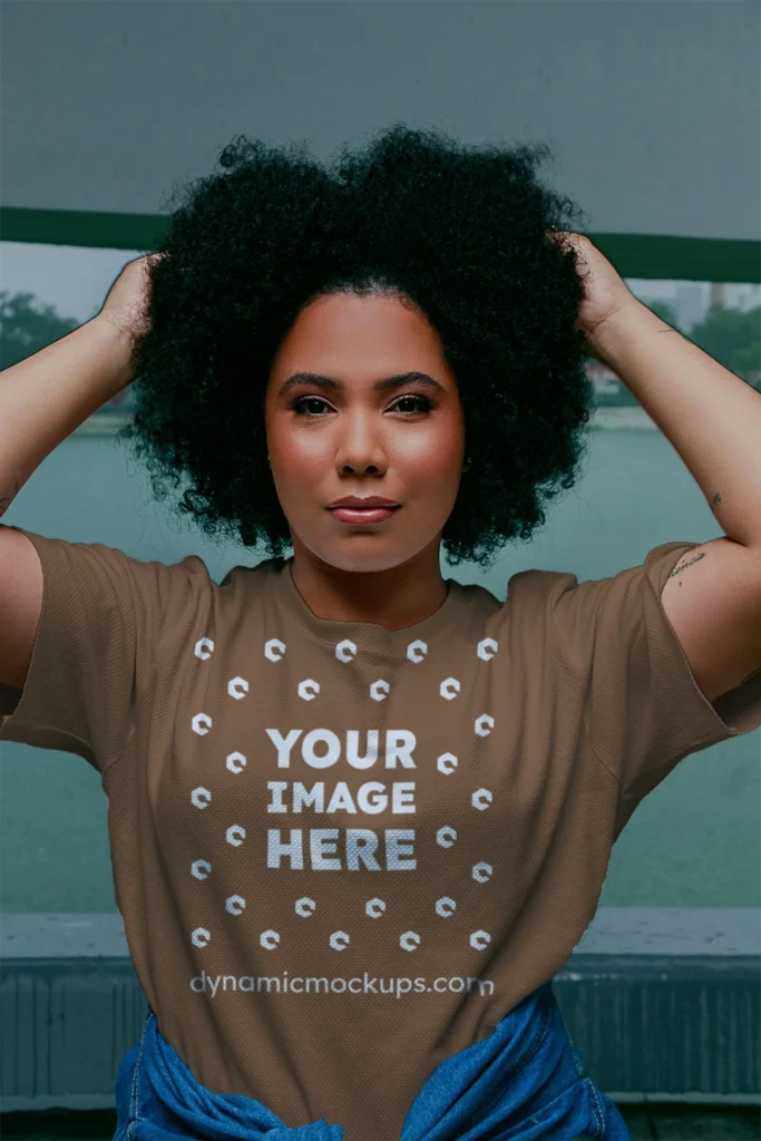 Woman Wearing Brown T-shirt Mockup Front View Template