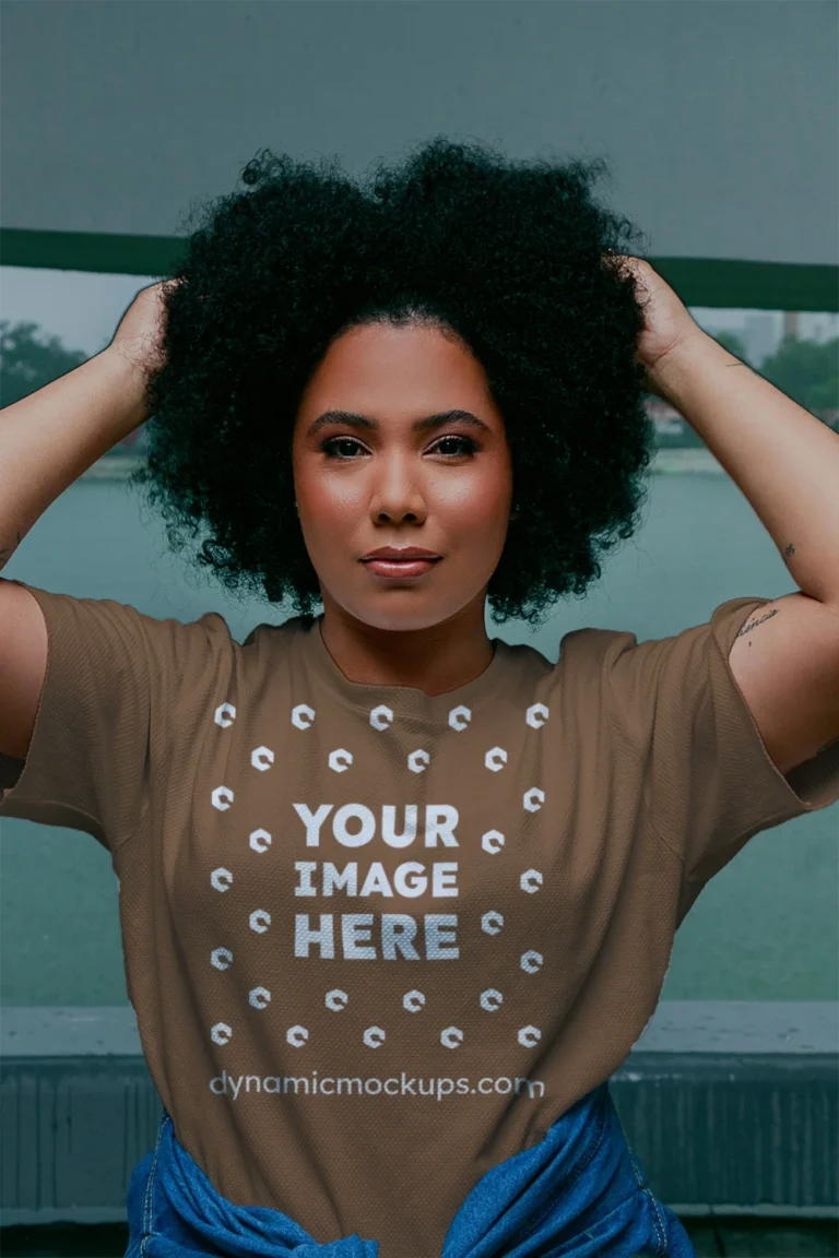 Woman Wearing Brown T-shirt Mockup Front View Template