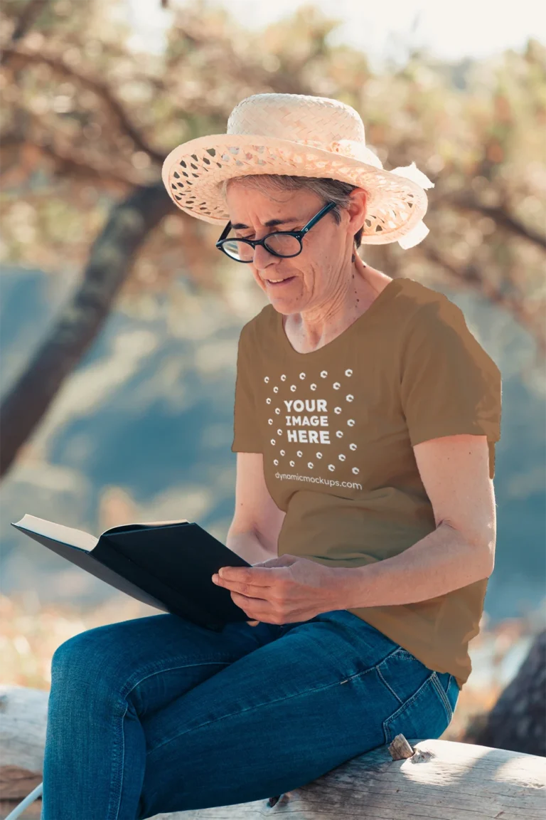 Woman Wearing Brown T-shirt Mockup Front View Template