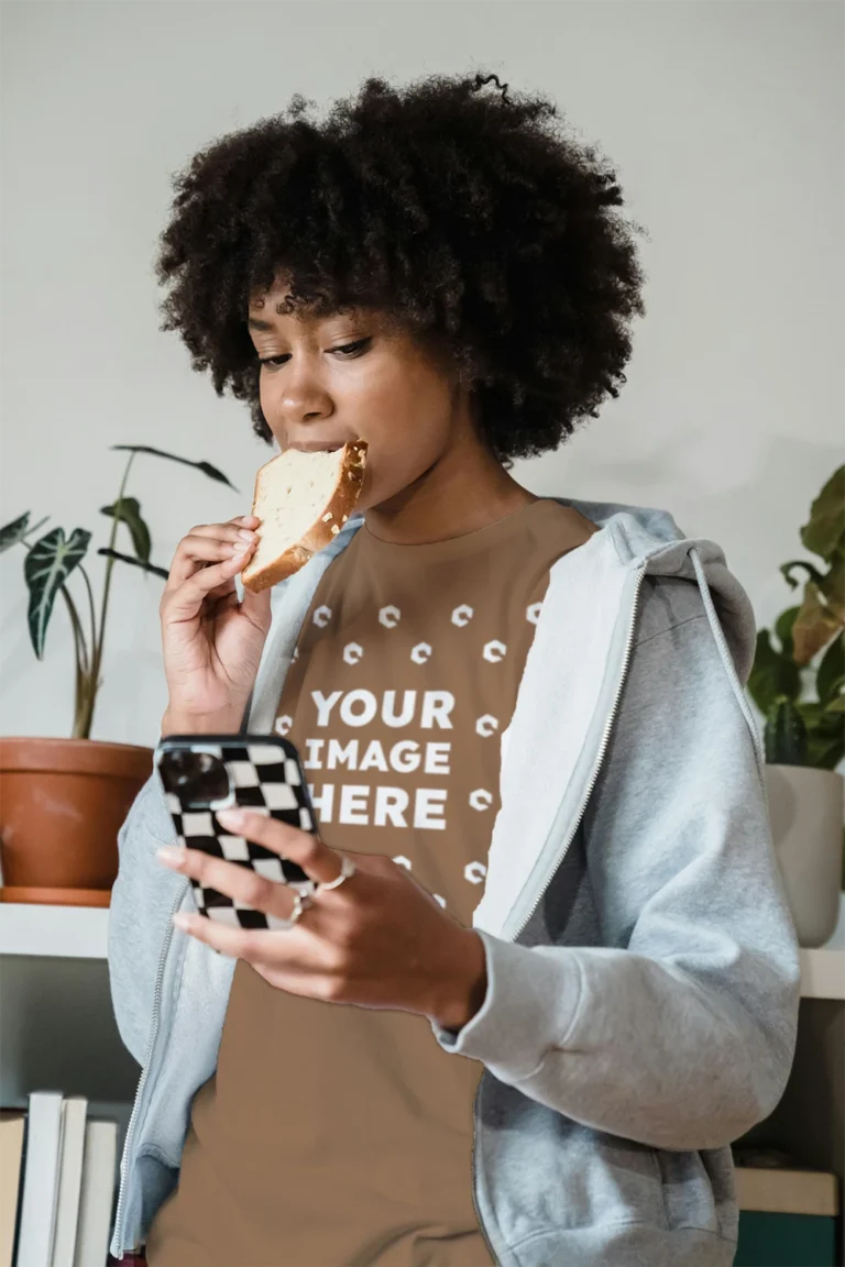 Woman Wearing Brown T-shirt Mockup Front View Template