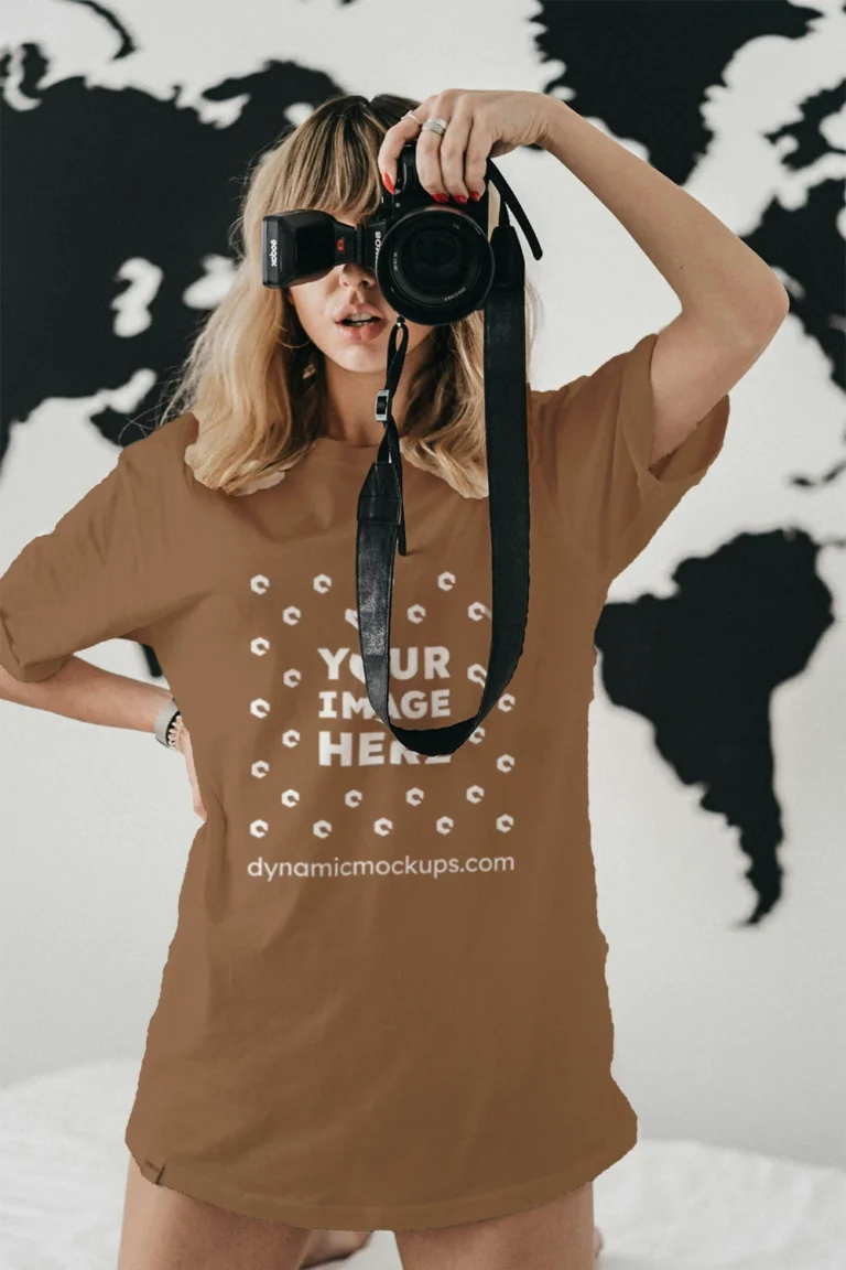 Woman Wearing Brown T-shirt Mockup Front View Template