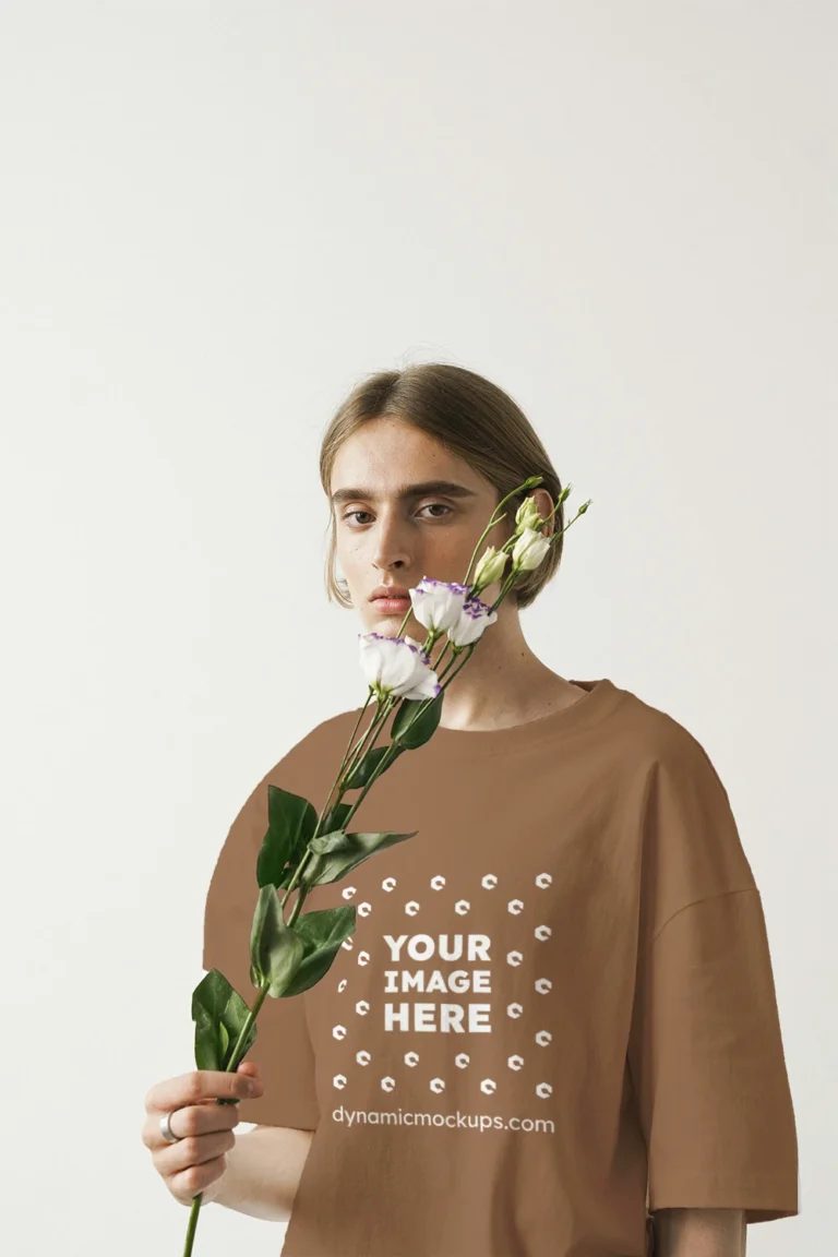 Woman Wearing Brown T-shirt Mockup Front View Template