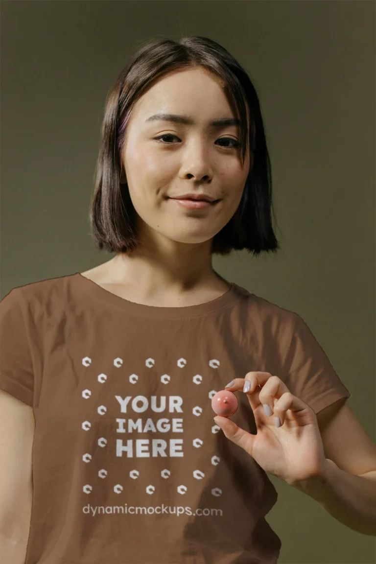 Woman Wearing Brown T-shirt Mockup Front View Template