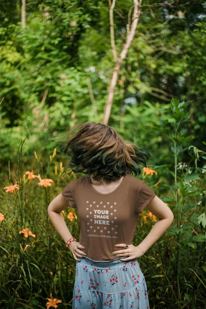 Woman Wearing Brown T-shirt Mockup Front View Template